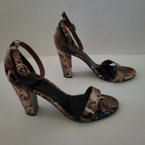 Bamboo  Brown Multi Color Snakeskin Ankle strap, Block Heel, Open Toe  size 10